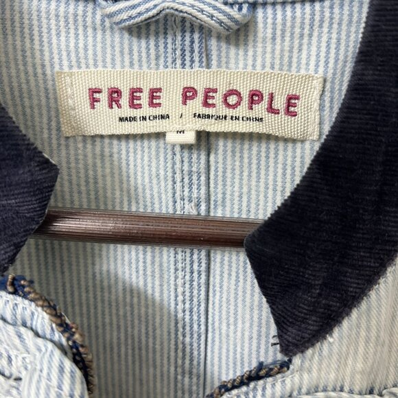 Free People Womens Jacket Medium Striped Denim Military Style Button Blazer - Picture 4 of 17